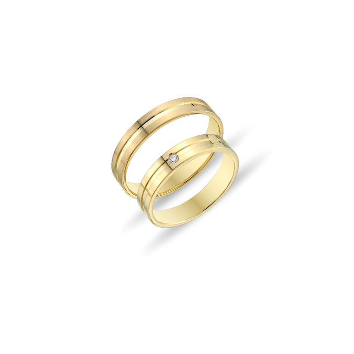 GOLDENE TRAURINGE MIT DOPPELRILLE UND EINEM STEIN
