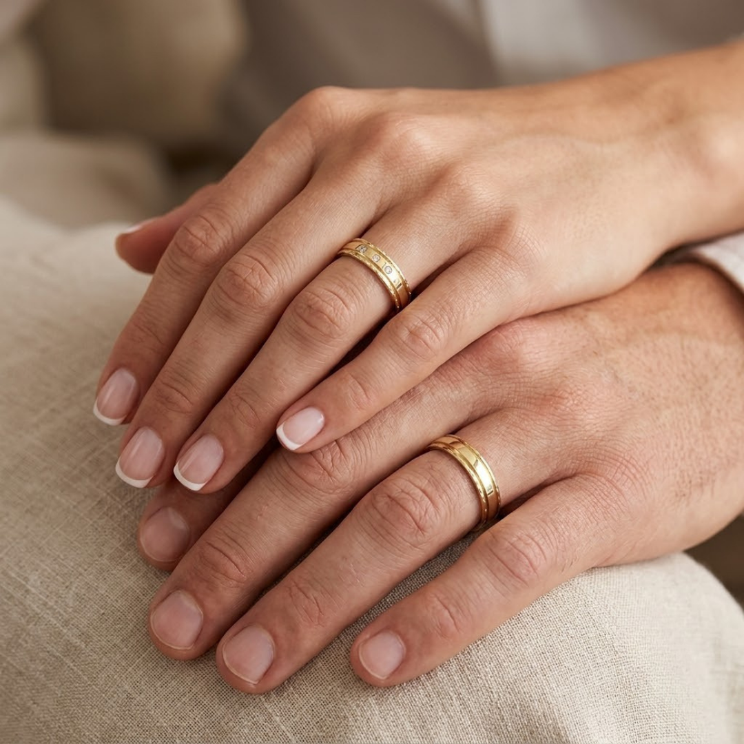 GOLDENE TRAURINGE MIT DOPPELSTREIFEN UND 4 STEINEN