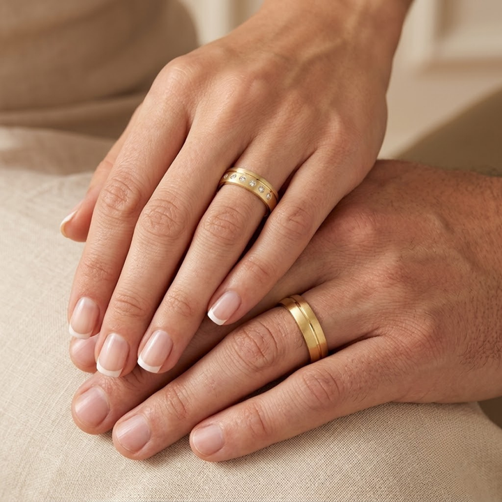 MATTE GOLDENE TRAURINGE MIT STREIFENDETAIL UND 7 STEINEN
